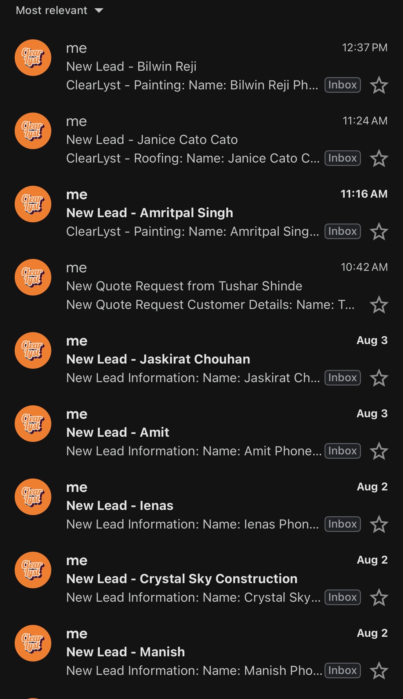 Inbox full of new painting and roofing lead notification emails