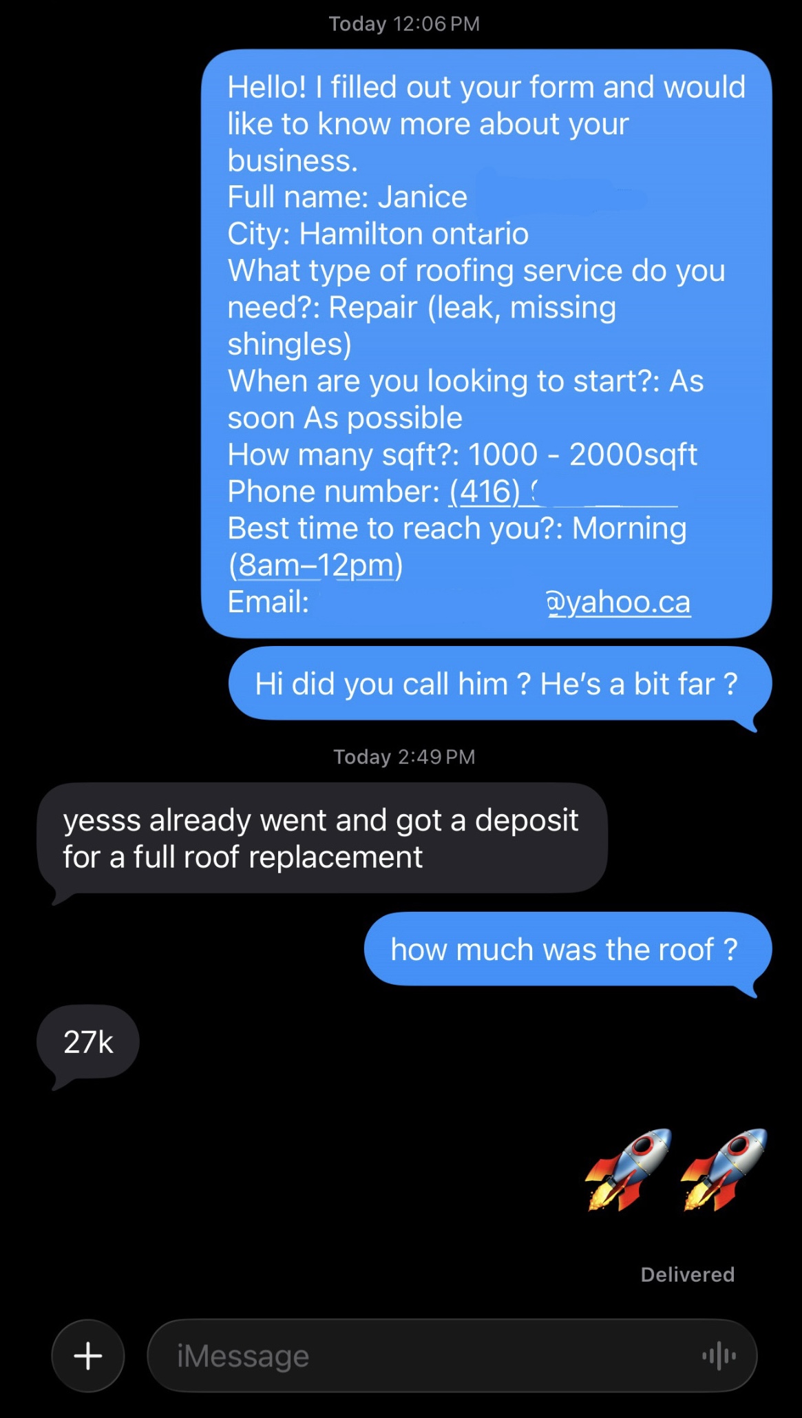 Text message conversation confirming a $27,000 roofing deposit from a single lead